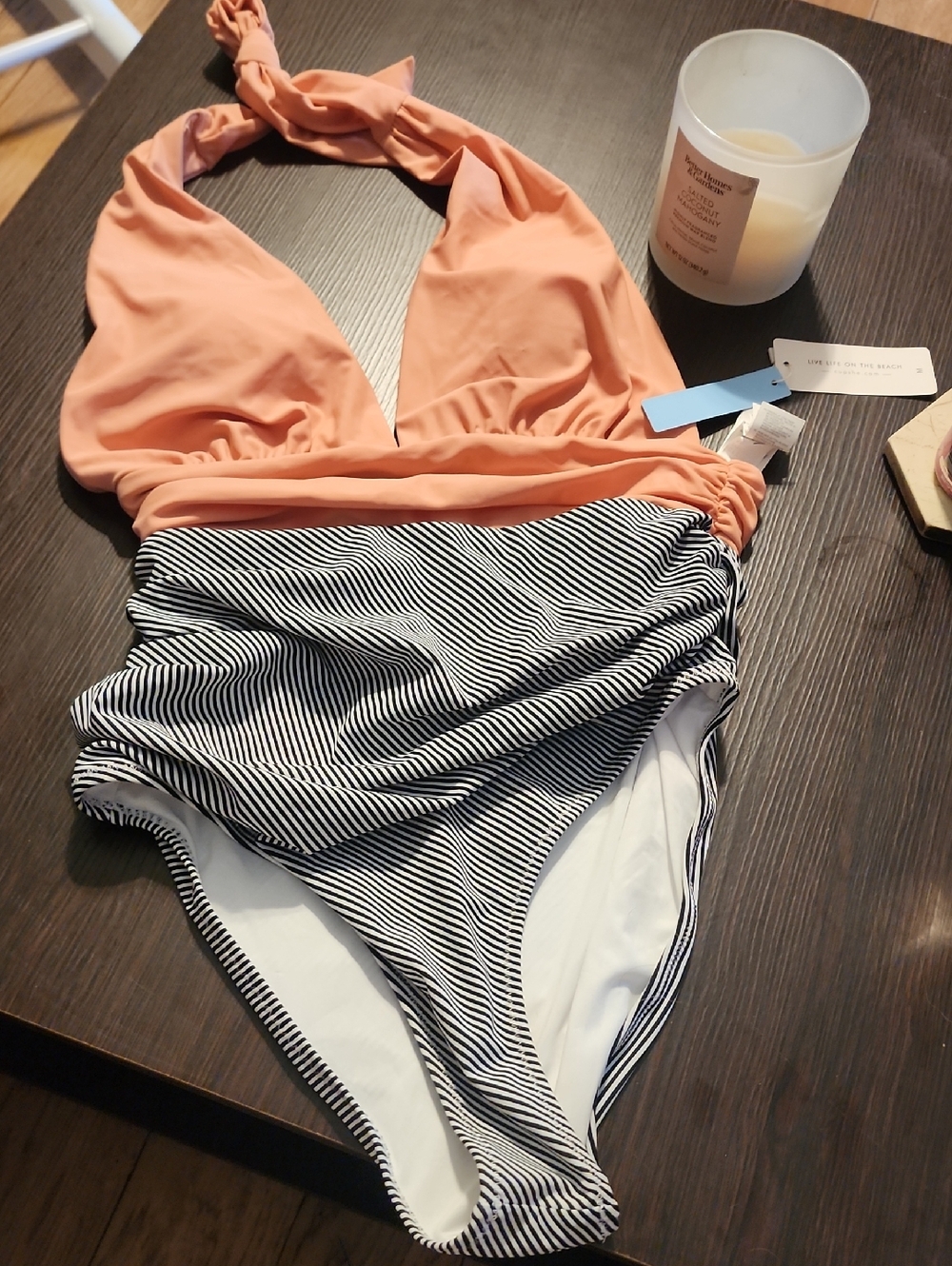 Cupshe Peach Halter One-Piece with Black & White Striped Bottom